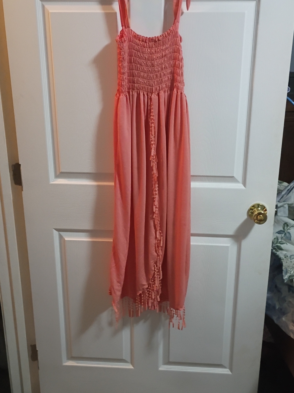 WinWin Coral Smocked Maxi Dress with Tassel Trim